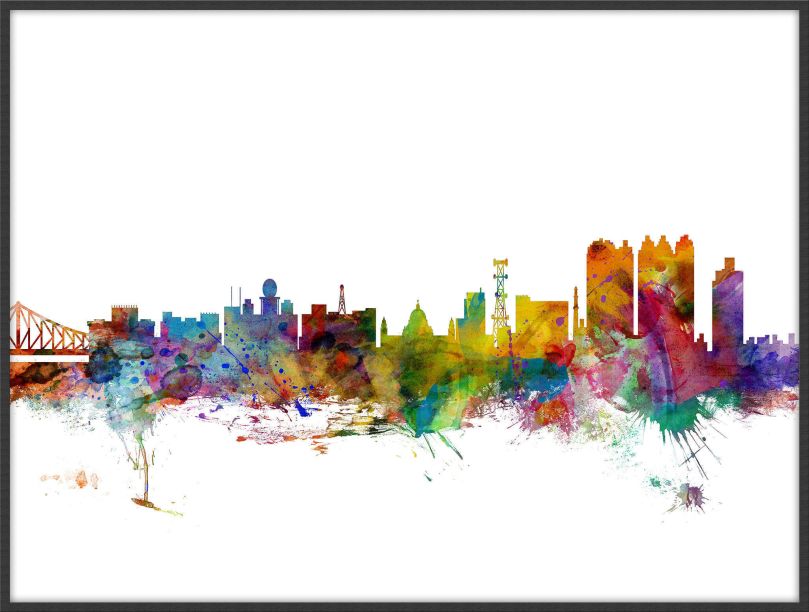 Large Calcutta (Kolkata) India Watercolour Skyline (Wood Frame - Black)