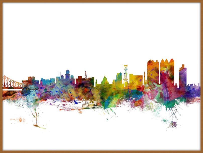 Large Calcutta (Kolkata) India Watercolour Skyline (Wood Frame - Teak)