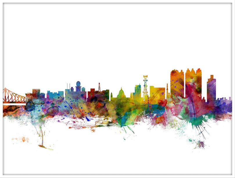 Large Calcutta (Kolkata) India Watercolour Skyline (Wood Frame - White)
