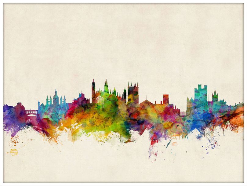 Large Cambridge England Watercolour Skyline (Wood Frame - White)
