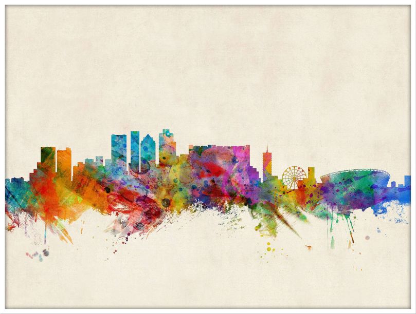 Large Cape Town South Africa Watercolour Skyline (Wood Frame - White)