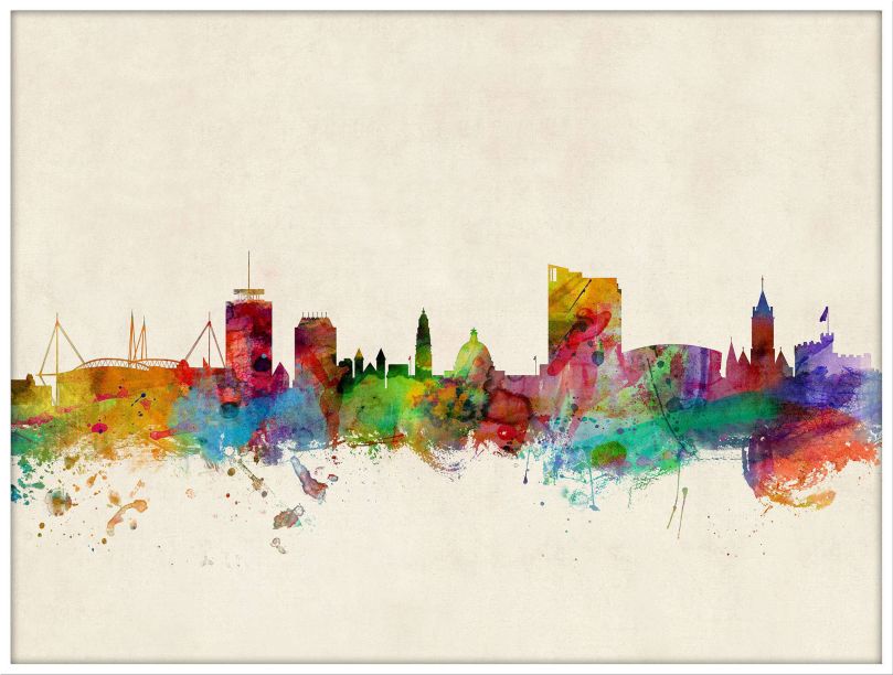 Large Cardiff Wales Watercolour Skyline (Wood Frame - White)