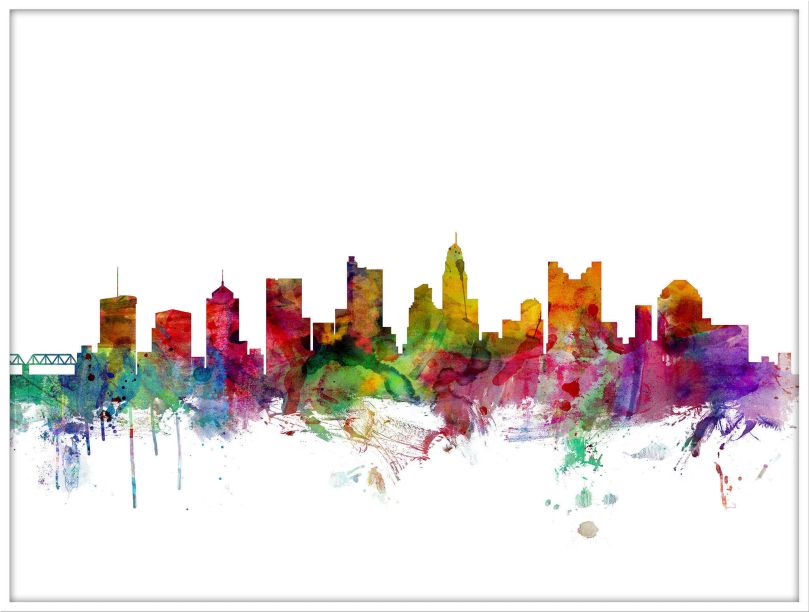 Large Columbus Ohio Watercolour Skyline (Wood Frame - White)