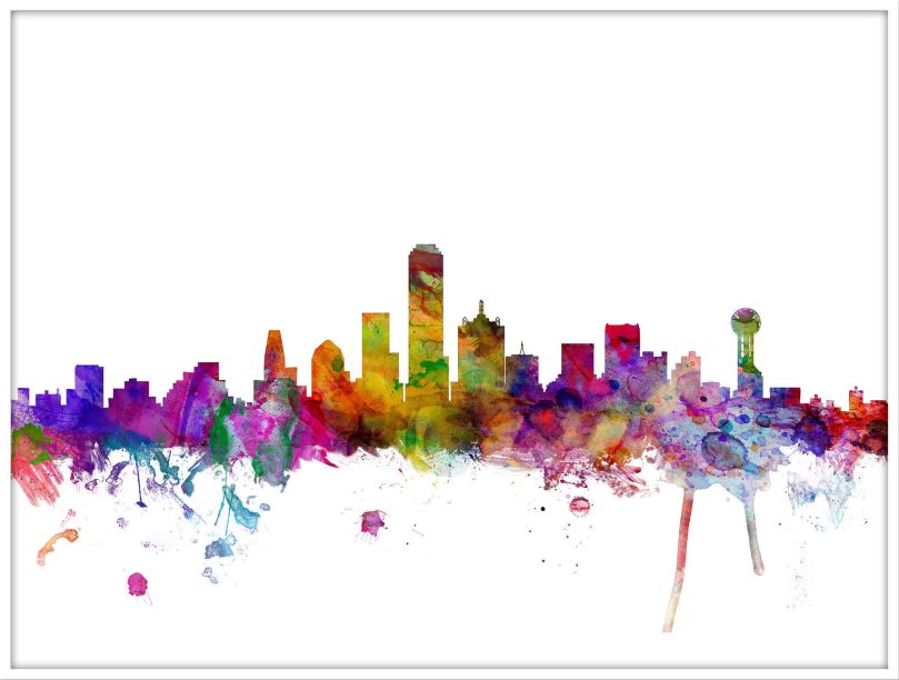 Large Dallas Watercolour Skyline (Wood Frame - White)
