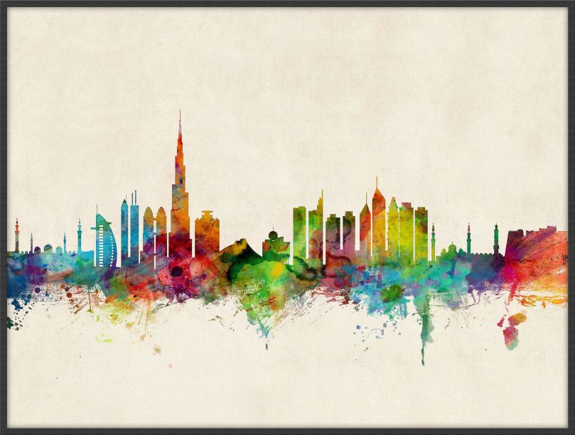 Large Dubai Watercolour Skyline (Wood Frame - Black)