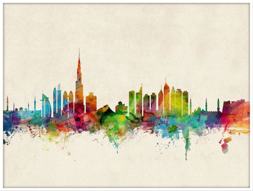 Large Dubai Watercolour Skyline (Wood Frame - White)
