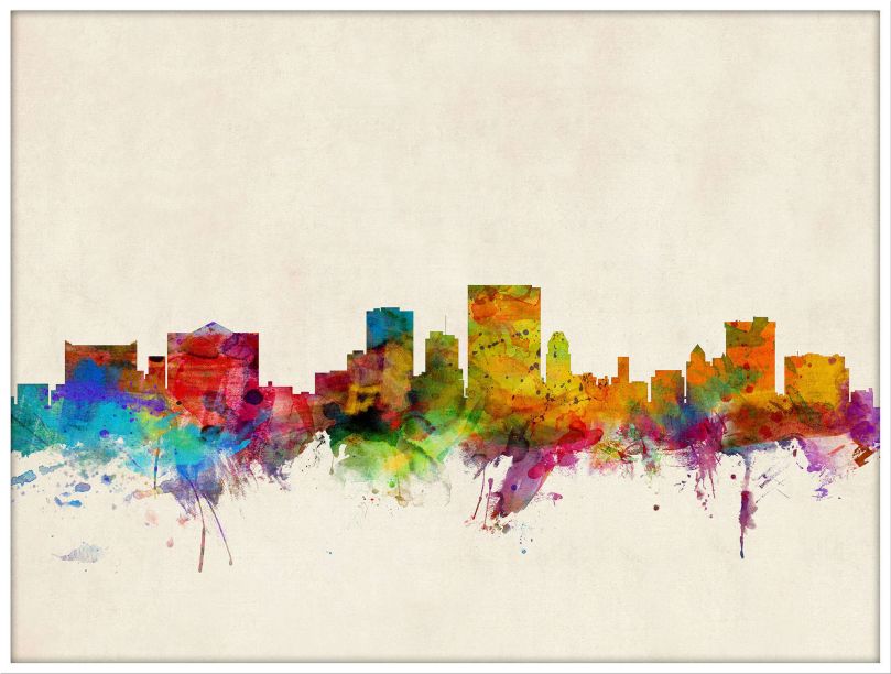 Large El Paso Texas Watercolour Skyline (Wood Frame - White)