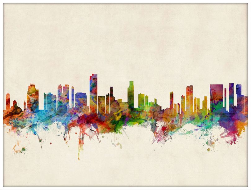 Large Honolulu Hawaii Watercolour Skyline (Wood Frame - White)