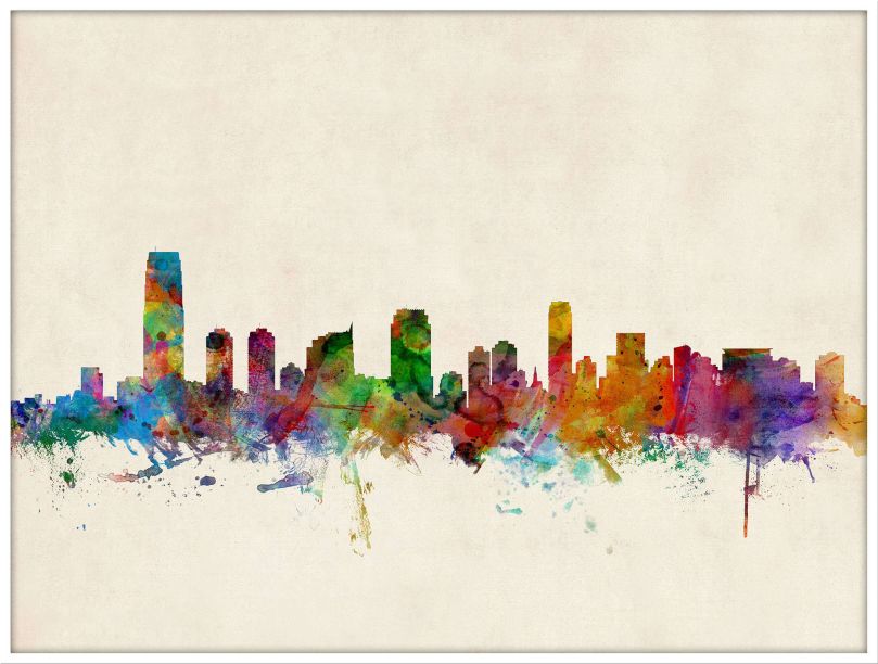 Large Jersey City New Jersey Watercolour Skyline (Wood Frame - White)