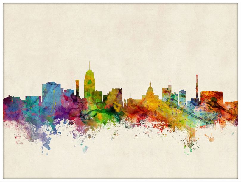 Large Lansing Michigan Watercolour Skyline (Wood Frame - White)