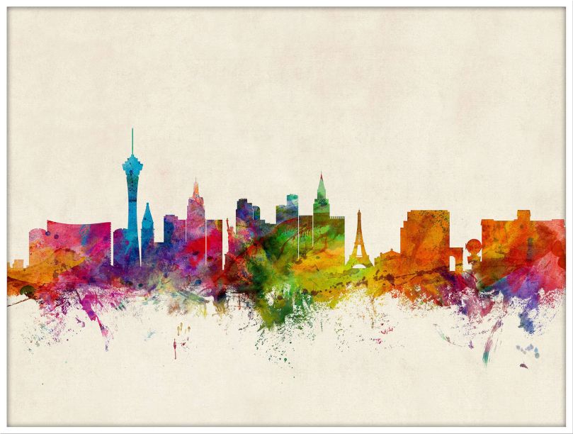 Large Las Vegas Nevada Watercolour Skyline (Wood Frame - White)