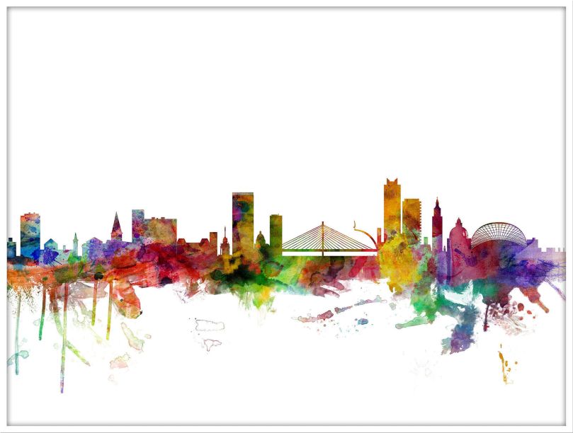 Large Liege Belgium Watercolour Skyline (Wood Frame - White)