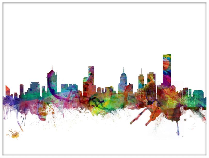 Large Melbourne Australia Watercolour Skyline (Wood Frame - White)