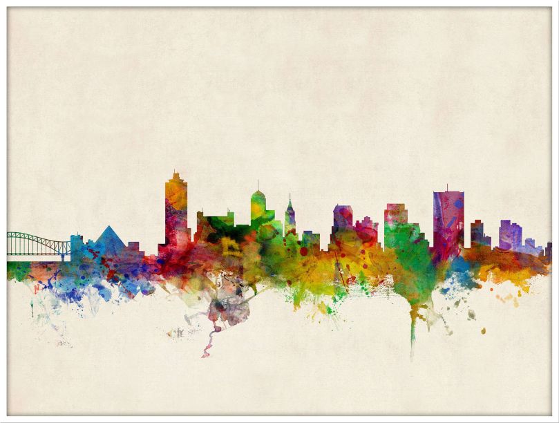 Large Memphis Tennessee Watercolour Skyline (Wood Frame - White)