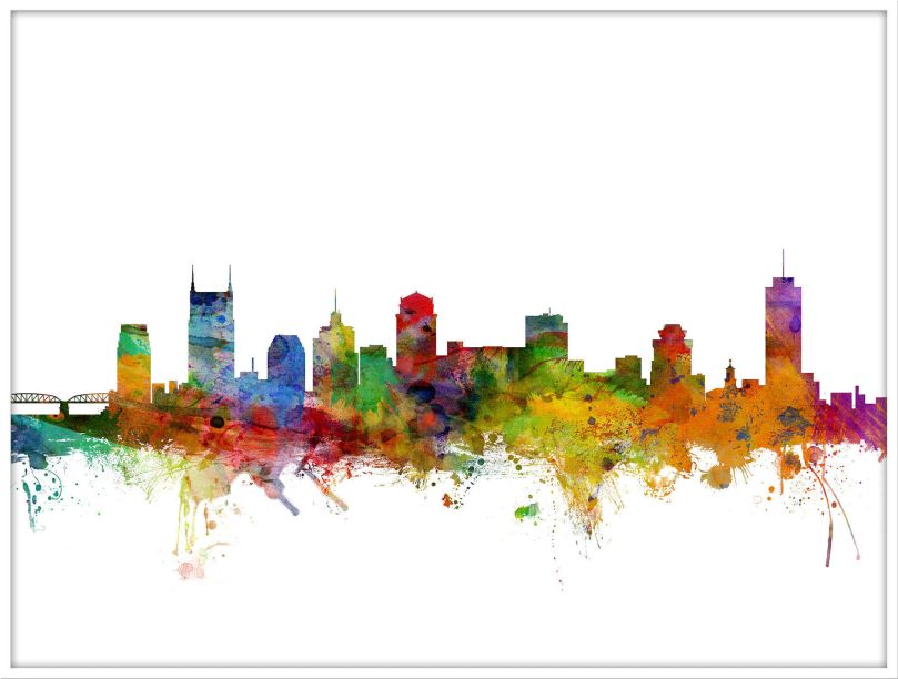 Large Nashville Tennessee Watercolour Skyline (Wood Frame - White)