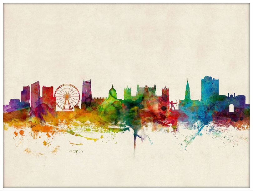 Large Nottingham England Watercolour Skyline (Wood Frame - White)