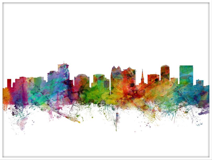 Large Orlando Florida Watercolour Skyline (Wood Frame - White)