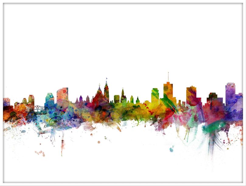 Large Ottawa Canada Watercolour Skyline (Wood Frame - White)