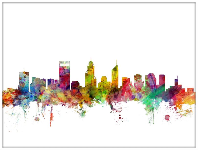 Large Perth Australia Watercolour Skyline (Wood Frame - White)