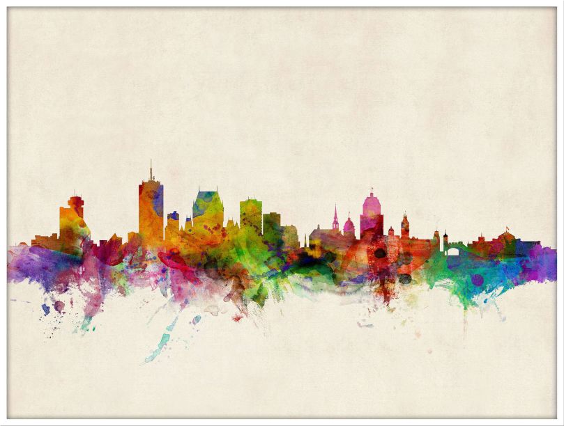 Large Quebec Canada Watercolour Skyline (Wood Frame - White)