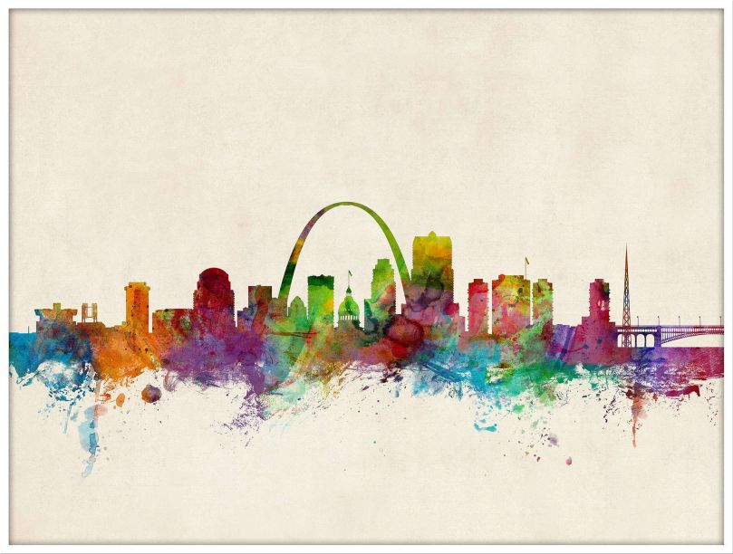 Large St Louis Missouri Watercolour Skyline (Wood Frame - White)