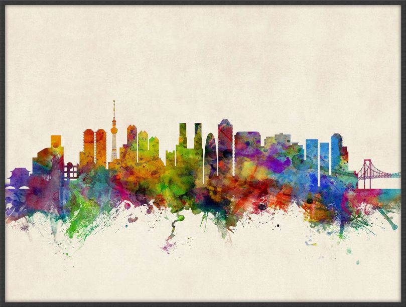 Large Tokyo Japan Watercolour Skyline (Pinboard & wood frame - Black)