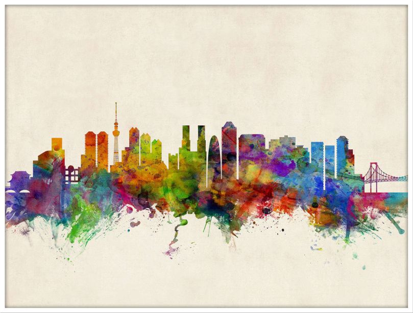 Large Tokyo Japan Watercolour Skyline (Wood Frame - White)