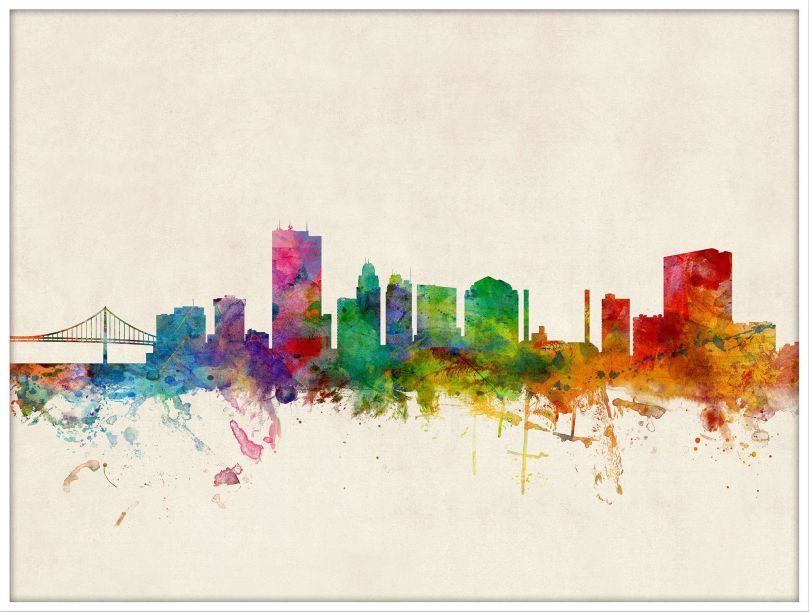Large Toledo Ohio Watercolour Skyline (Wood Frame - White)