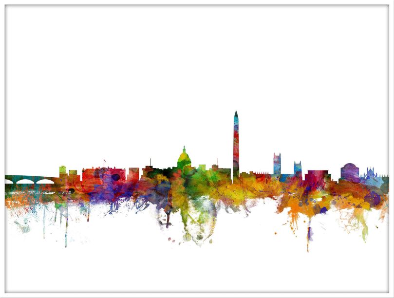 Large Washington DC Watercolour Skyline (Wood Frame - White)