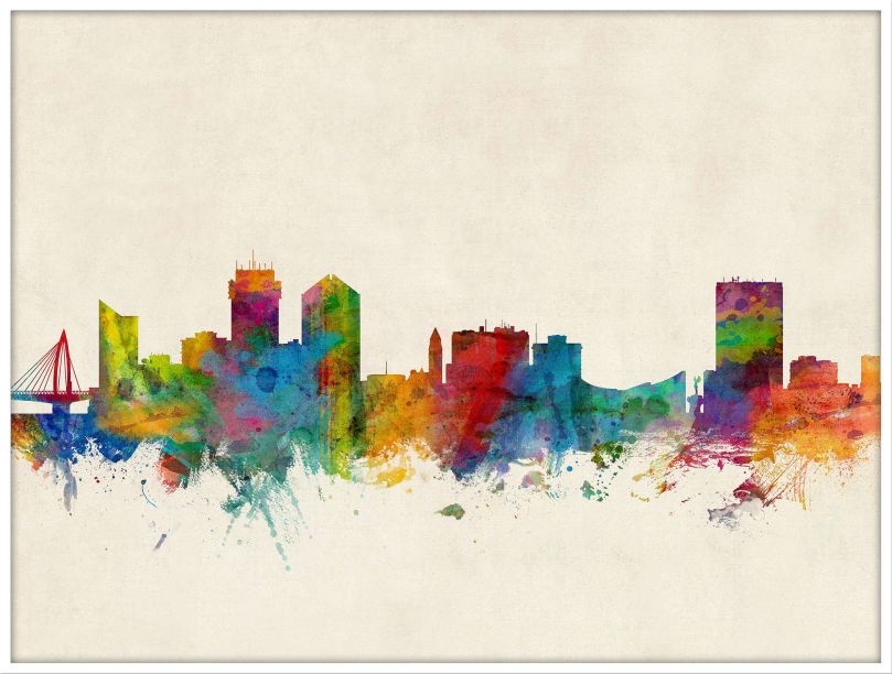 Large Wichita Kansas Watercolour Skyline (Wood Frame - White)
