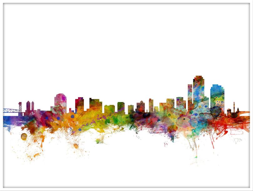 Large Wilmington Delaware Watercolour Skyline (Wood Frame - White)