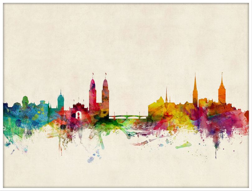 Large Zurich Switzerland Watercolour Skyline (Wood Frame - White)