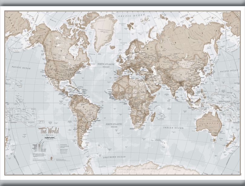 Medium The World Is Art - Wall Map Neutral (Rolled Canvas with Hanging Bars)