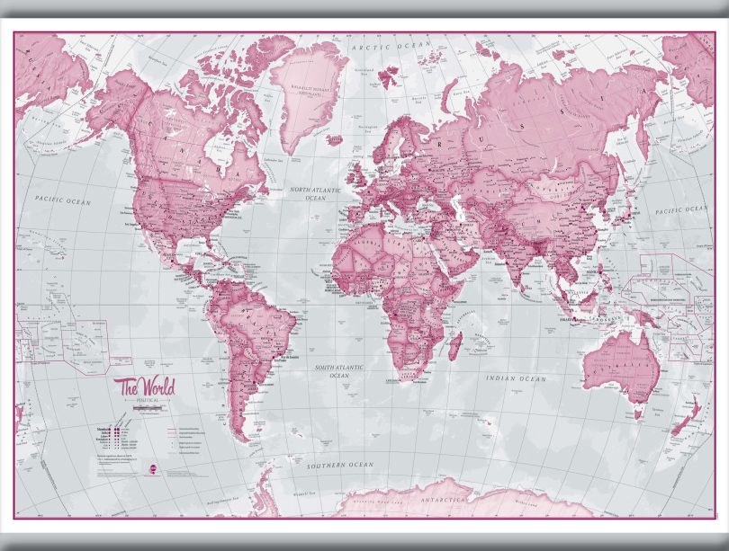 Small The World Is Art - Wall Map Pink (Hanging bars)