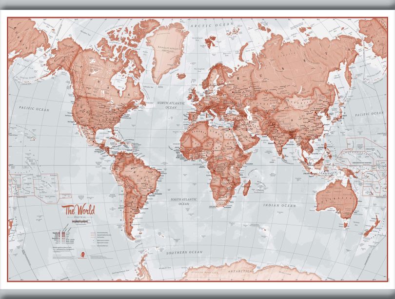 Small The World Is Art - Wall Map Red (Hanging bars)