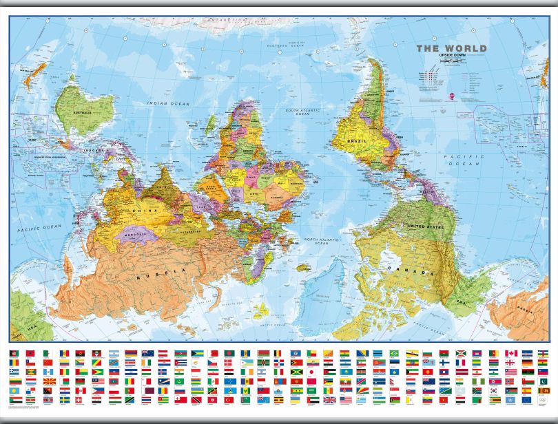 Large Upside-down World Wall Map Political with flags (Rolled Canvas with Hanging Bars)