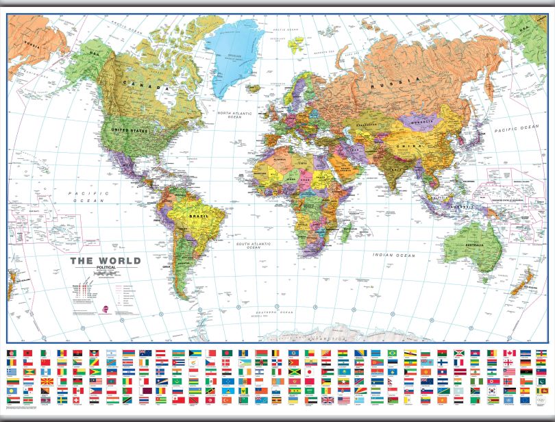 Large World Wall Map Political with flags White Ocean (Rolled Canvas with Hanging Bars)
