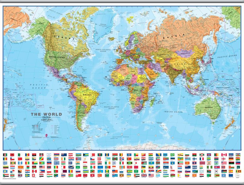 Large World Wall Map Political with flags (Hanging bars)