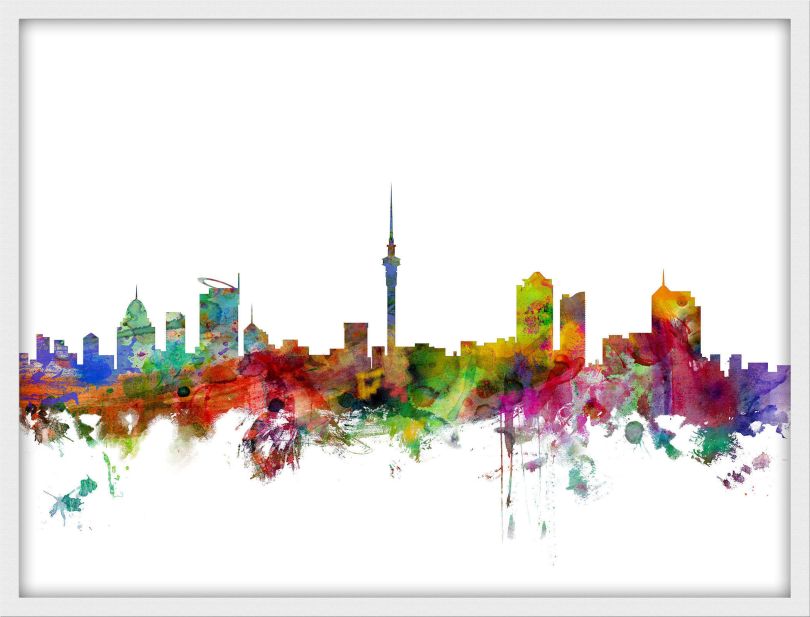 Small Auckland New Zealand Watercolour Skyline (Wood Frame - White)