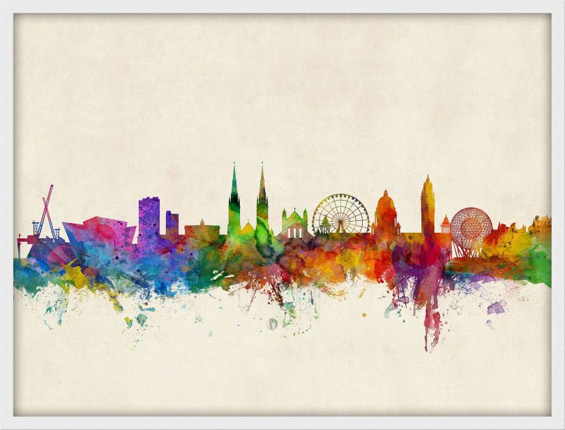 Small Belfast Northern Ireland Watercolour Skyline (Wood Frame - White)