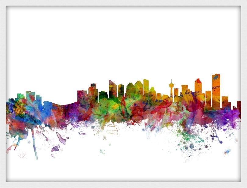 Small Calgary Canada Watercolour Skyline (Wood Frame - White)
