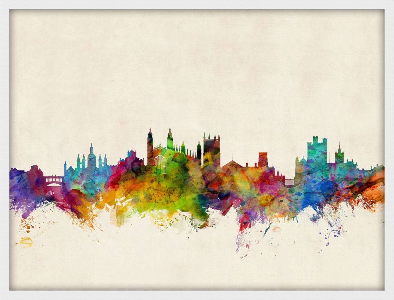 Medium Cambridge England Watercolour Skyline (Wood Frame - White)