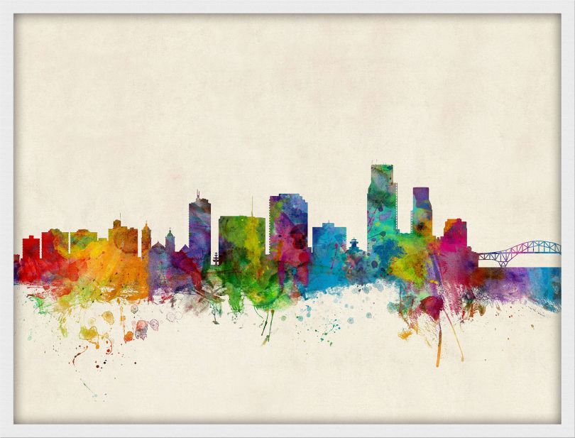 Medium Corpus Christie Texas Watercolour Skyline (Wood Frame - White)