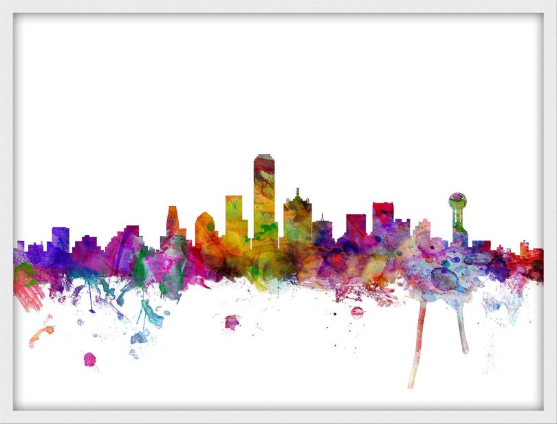 Medium Dallas Watercolour Skyline (Wood Frame - White)