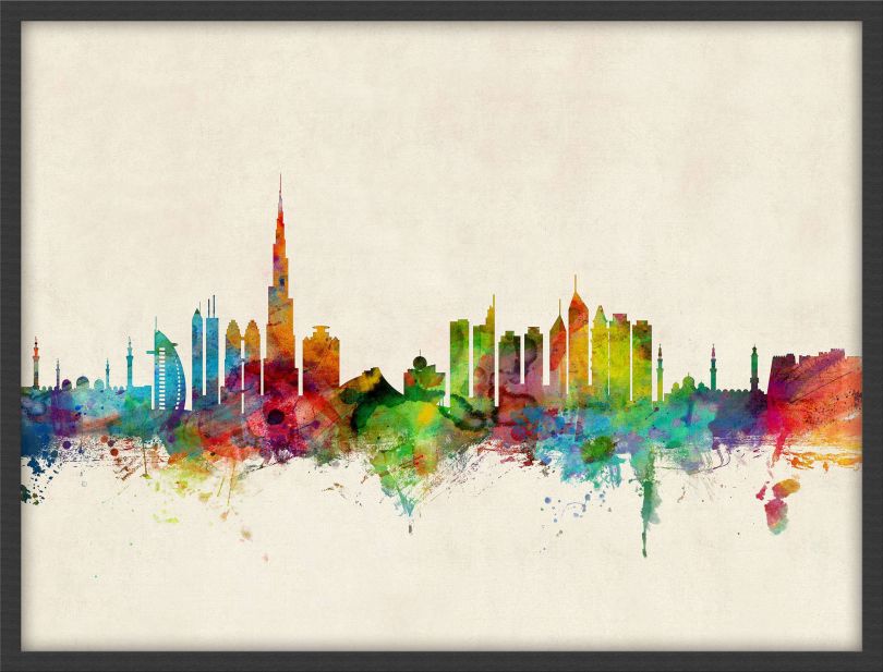 Medium Dubai Watercolour Skyline (Wood Frame - Black)