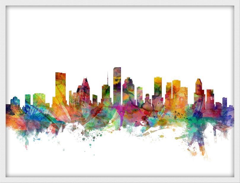 Small Houston Texas Watercolour Skyline (Wood Frame - White)
