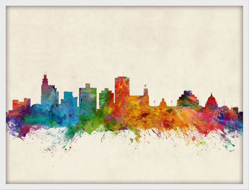 Small Jackson Mississippi Watercolour Skyline (Wood Frame - White)