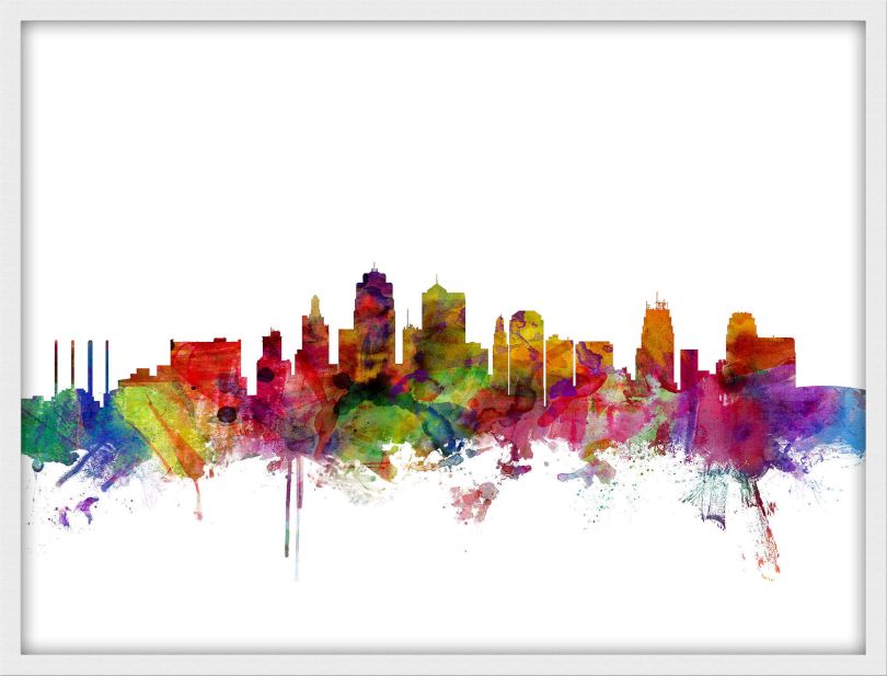 Medium Kansas City Watercolour Skyline (Wood Frame - White)
