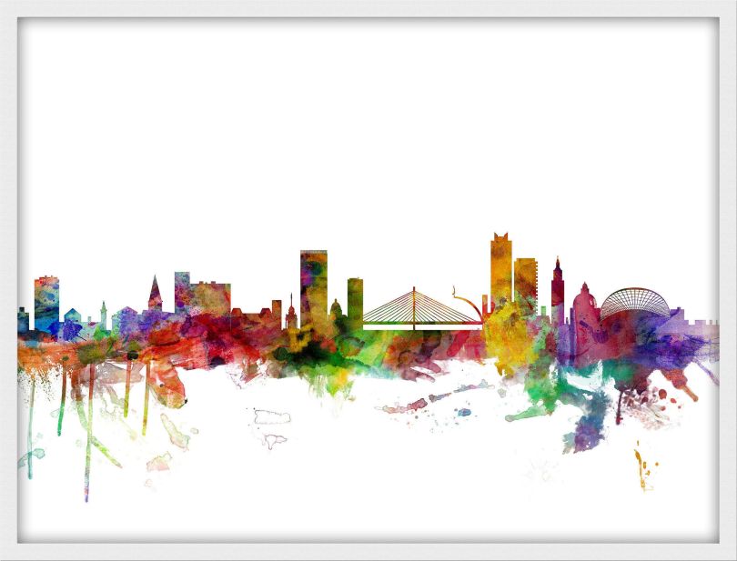 Medium Liege Belgium Watercolour Skyline (Wood Frame - White)