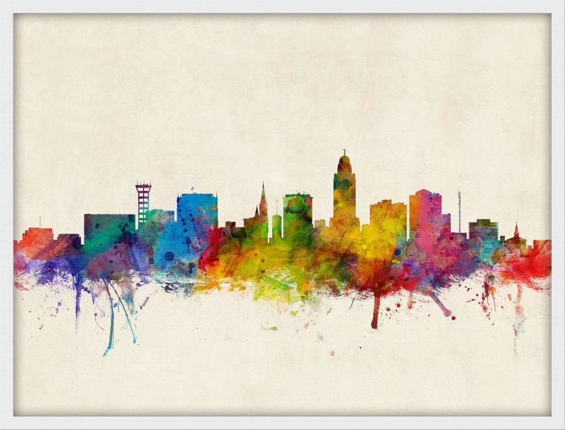 Small Lincoln Nebraska Watercolour Skyline (Wood Frame - White)